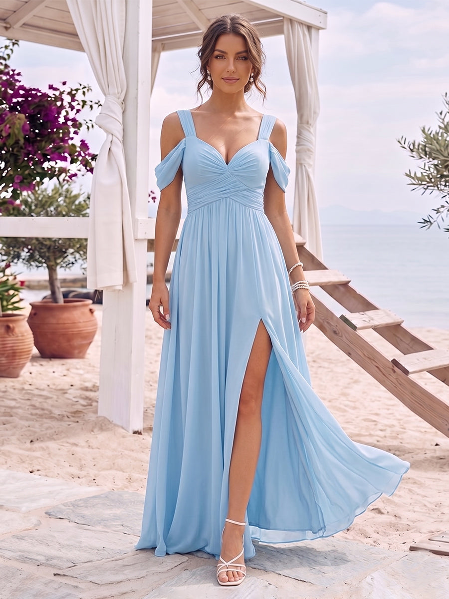 Lavetir A-Line/Princess Cold Shoulder Short Sleeves Split Side Ruched Floor-Length Chiffon Bridesmaid Dresses 2026