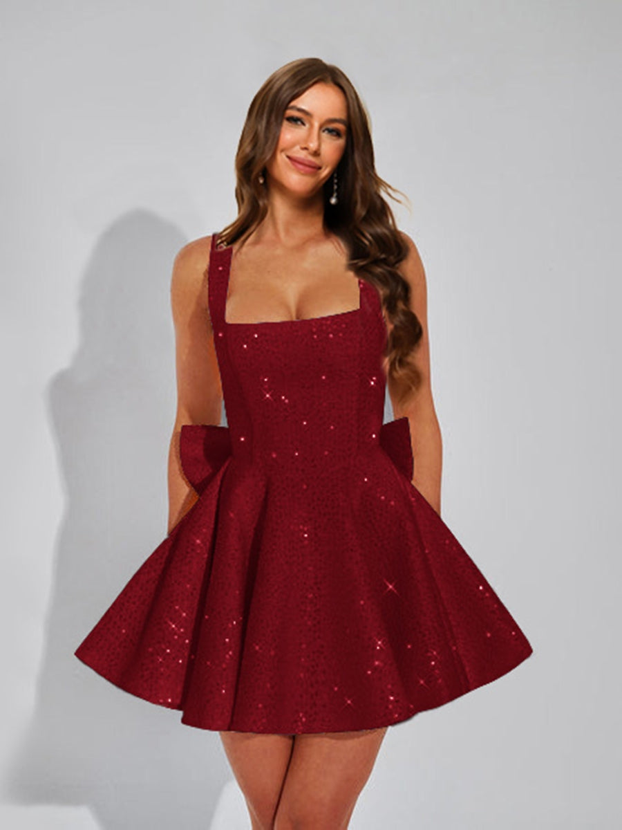 A-Line Square Neck Sequin Short Homecoming Dresses with Bow