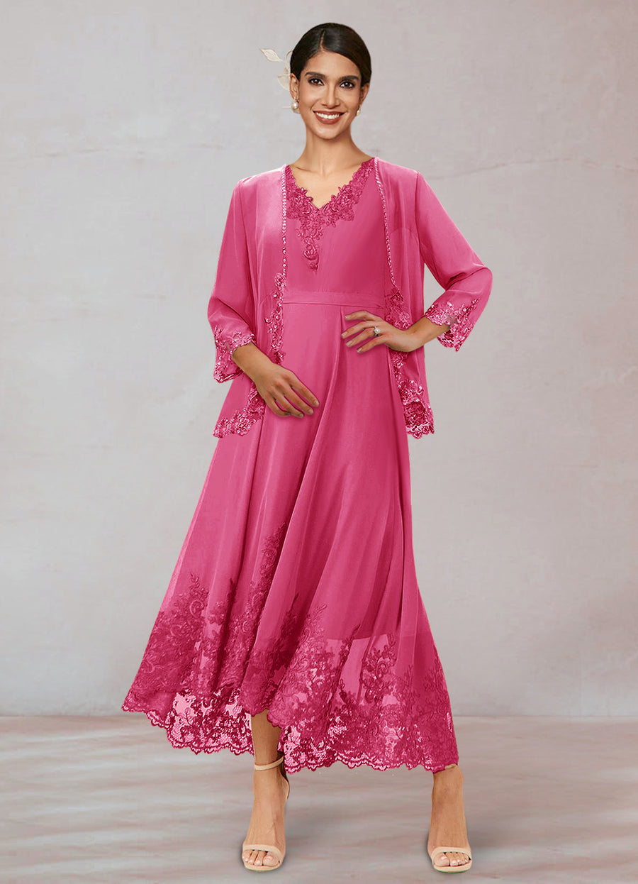 Chiffon V-Neck 3/4 Sleeves Mother of the Bride Dresses With Appliques