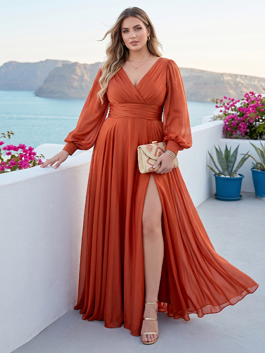 2026 Plus Size Bridesmaid Dresses Chiffon Women's A-Line V-Neck Long Sleeves Floor-Length Formal Evening Gowns with Split Side