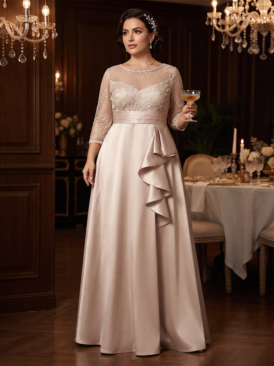 Lavetir A-Line/Princess Scoop 3/4 Sleeves Floor-Length Plus Size Evening Dresses with Appliques 2026