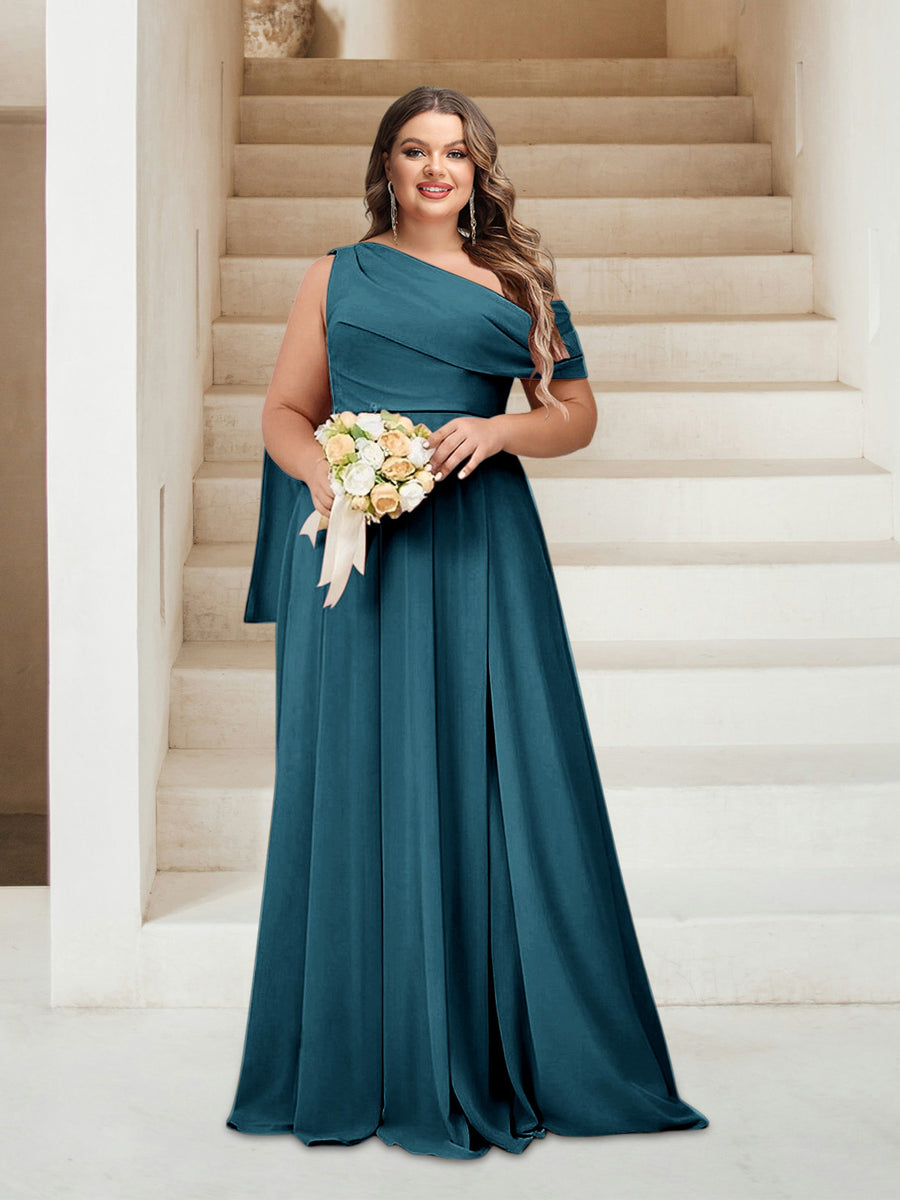 A-Line/Princess One-Shoulder Floor-Length Sleeveless Plus Size Bridesmaid Dresses