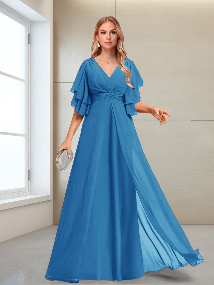 A-Line/Princess V-Neck Floor-Length Half Sleeves Mother of the Bride Dresses