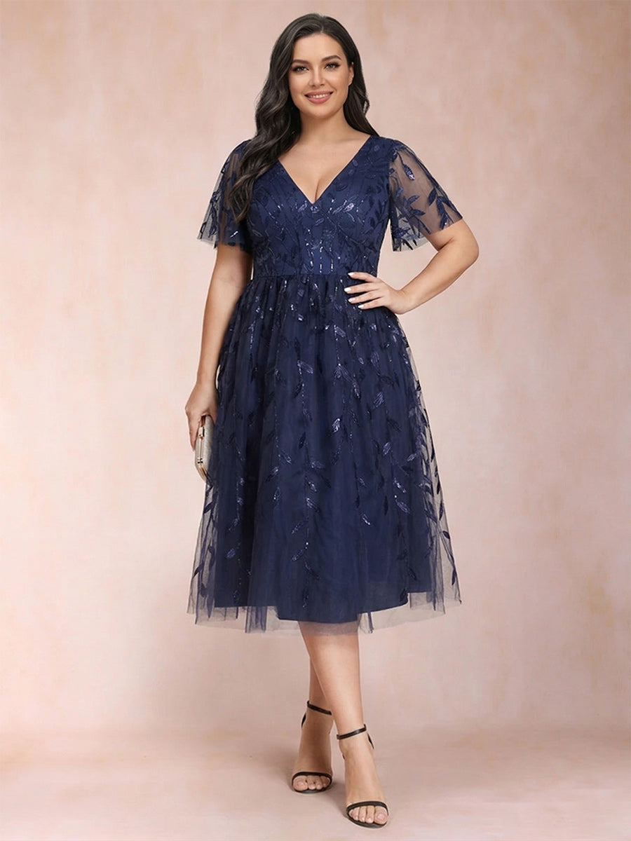 Appliques Mother of The Groom Dresses 2026 Navy Blue A-Line V-Neck Short Sleeves Tea-Length Tulle Formal Wedding Guest Gowns