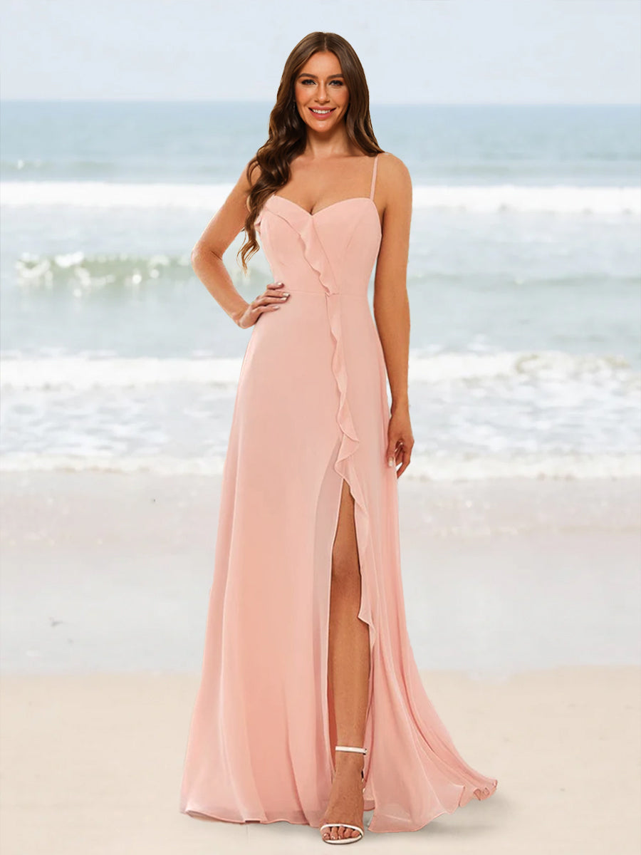 A-Line/Princess Spaghetti Straps Split Side Bridesmaid Dresses With Ruffles