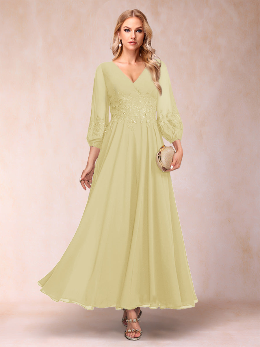A-Line/Princess Ankle-Length 3/4 Sleeves V-Neck Mother of the Bride Dresses