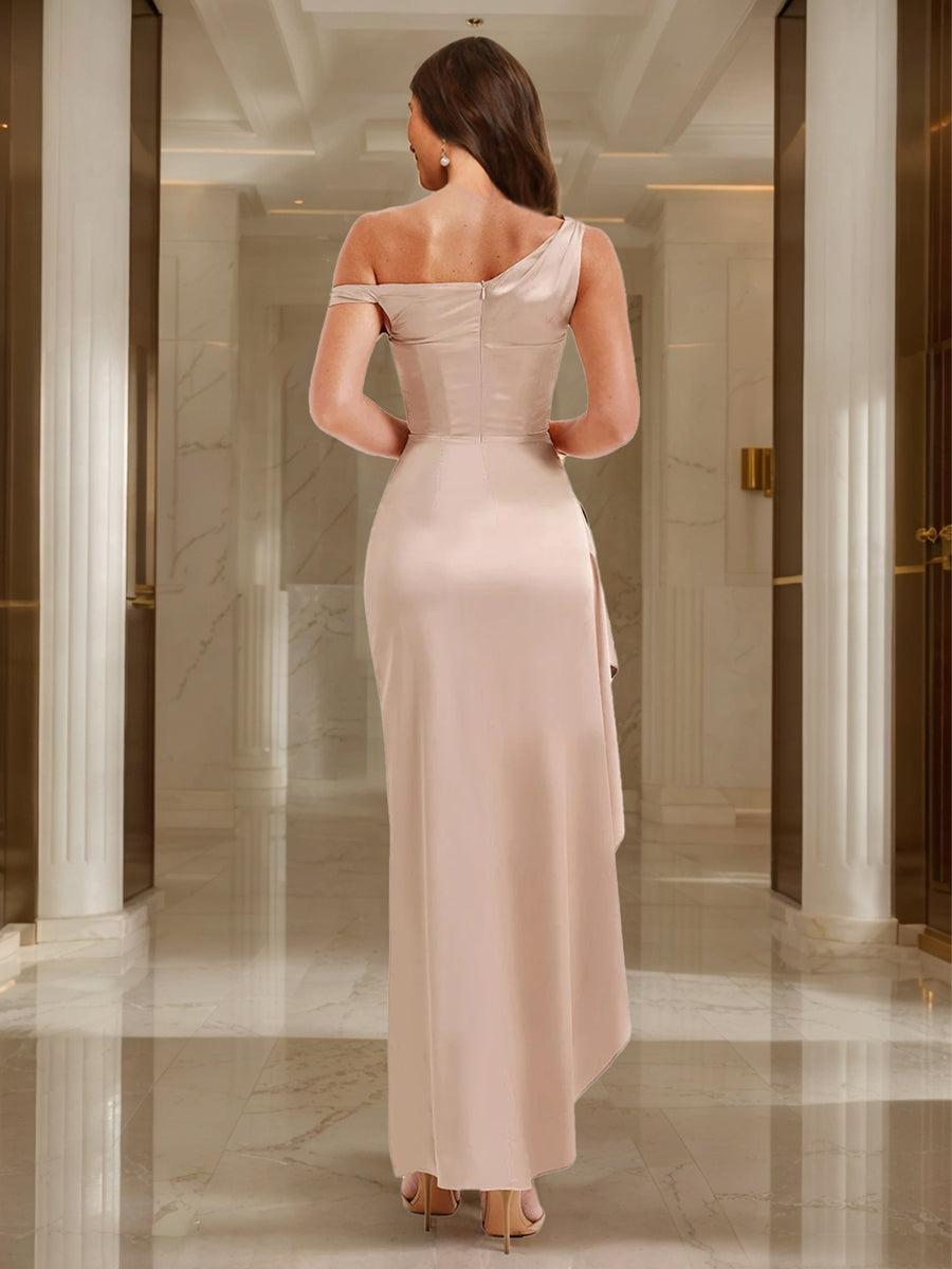 Sheath/Column One-Shoulder Sleeveless Ankle-Length Evening Dresses with High Split & Ruffles