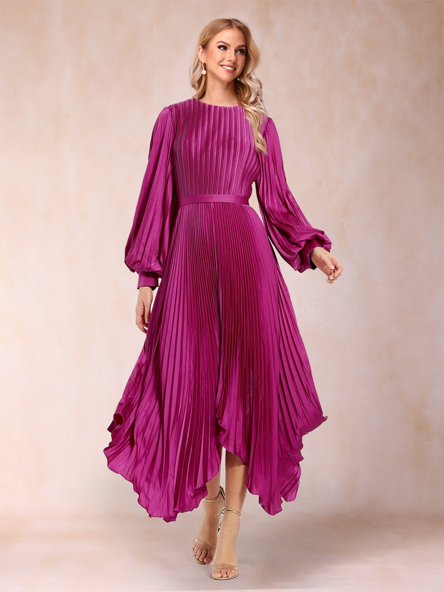 Lavetir Mother of the Bride Dresses Pleated A-Line Scoop Neck Long Sleeves Ankle-Length Formal Wedding Guest Gowns with Belt