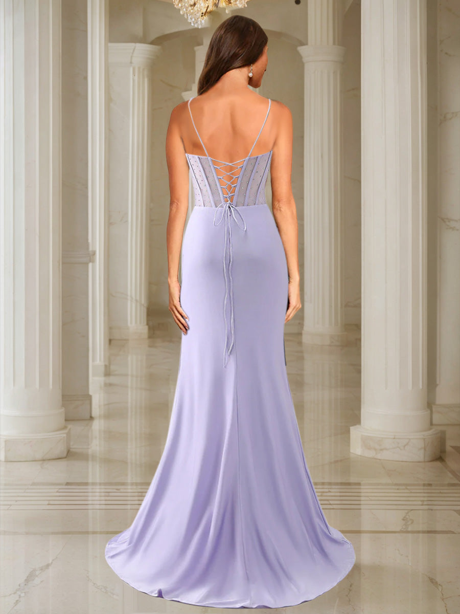 Trumpet/Mermaid Spaghetti Straps Pleated Satin Long Prom Dresses with Side Slit & Rhinestone