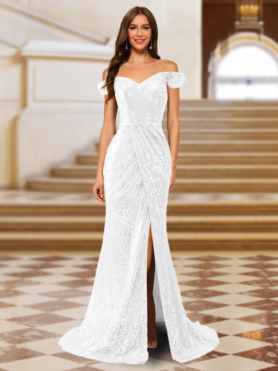 Sparkly Trumpet/Mermaid Off-the-Shoulder Long Evening Dresses with Split Side