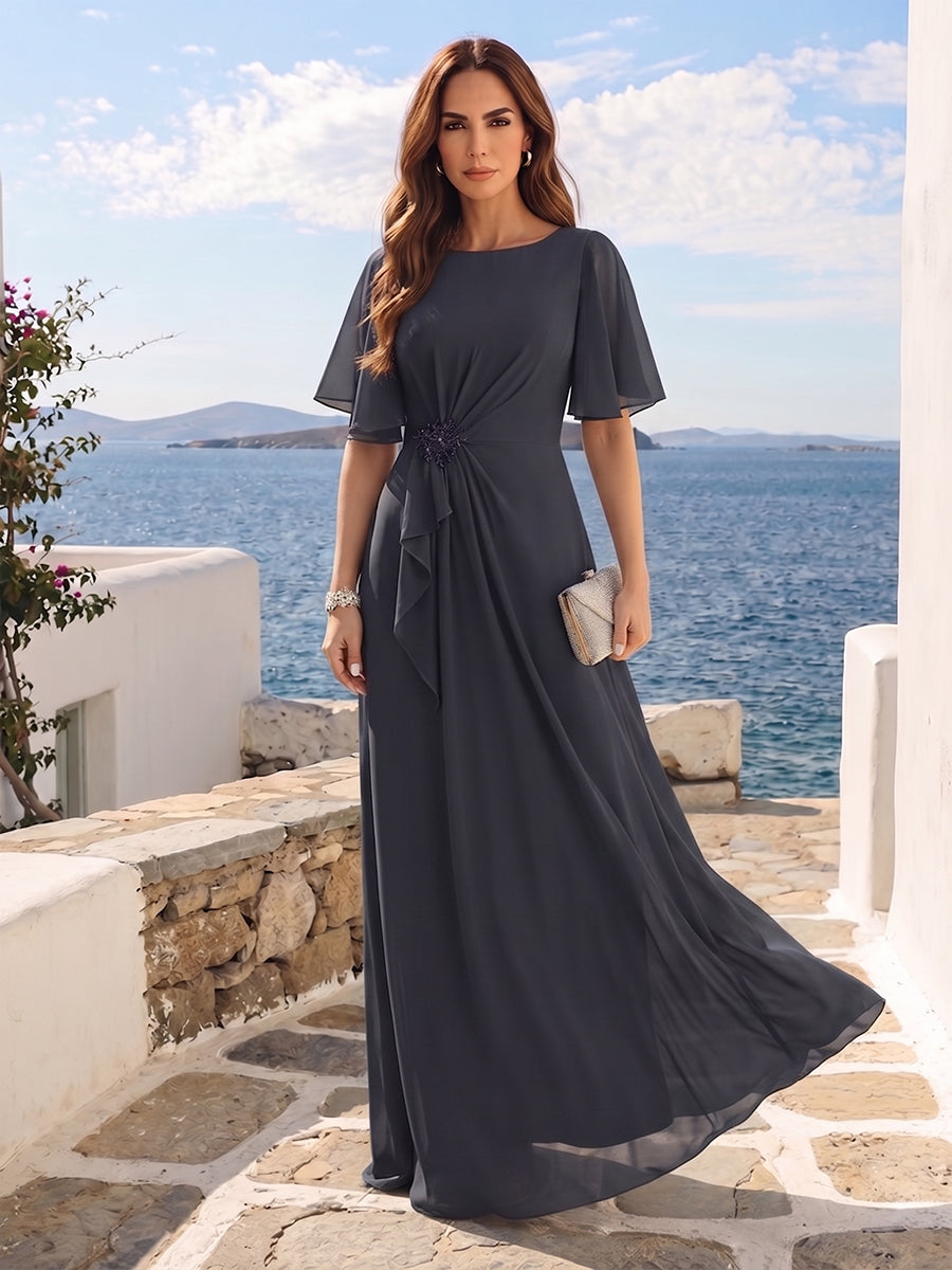 Chiffon Mother of the Bride Dresses 2026 for Women A-Line Scoop Half Sleeves Long Formal Evening Gowns with Appliques & Ruffles