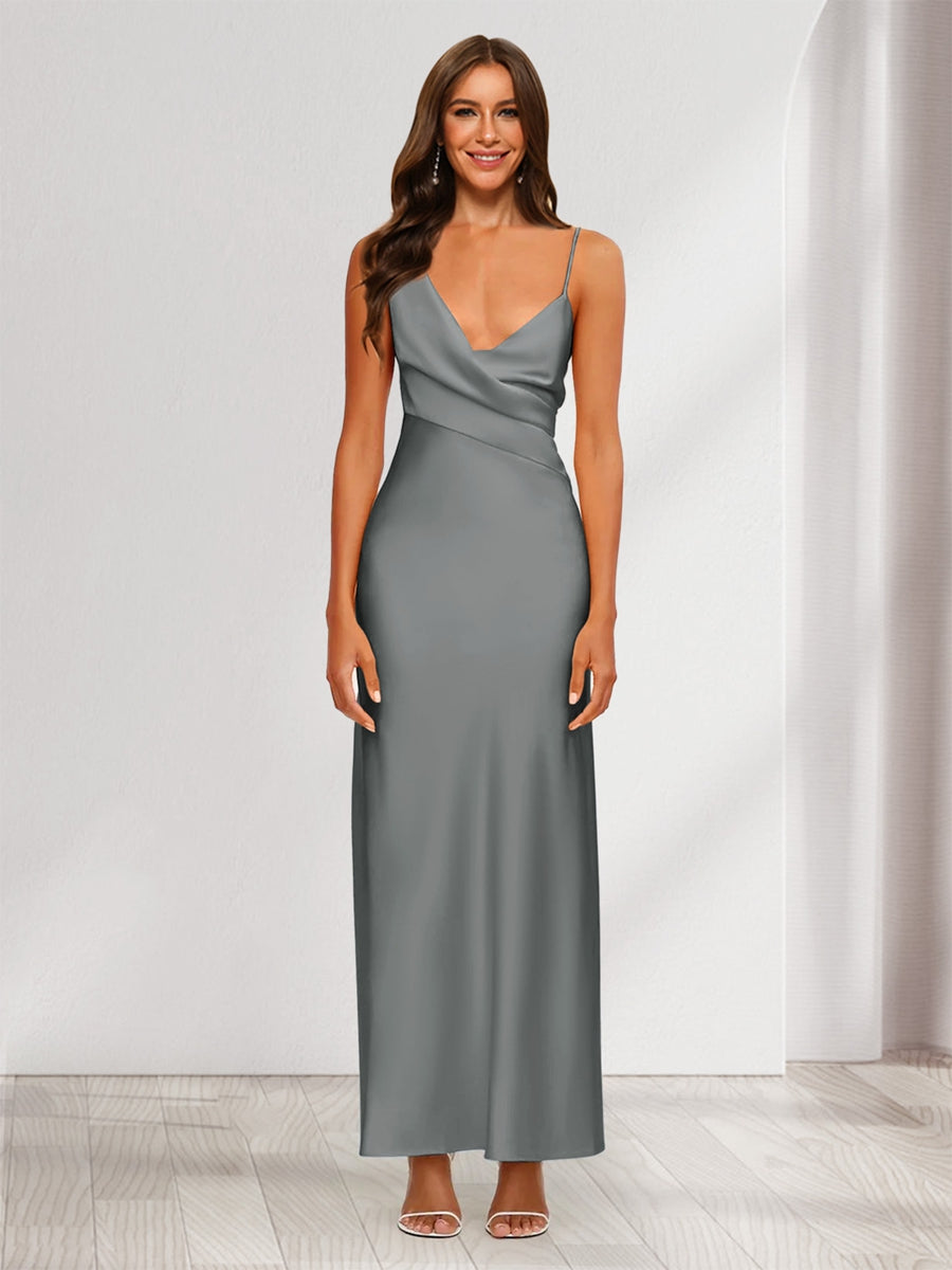 Sheath/Column V-Neck Ruched Ankle-Length Satin Evening Dresses