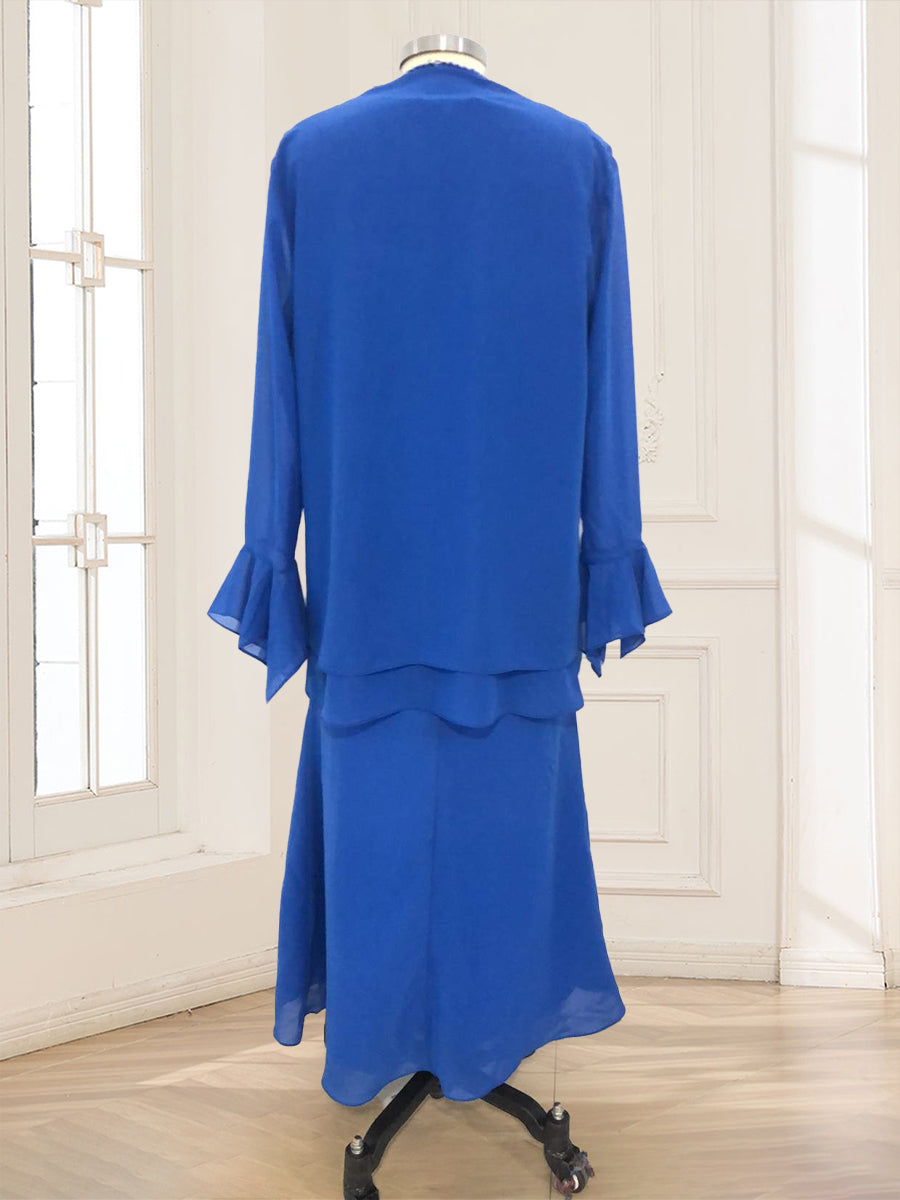 Sheath/Column Chiffon Scoop Long Sleeves Plus Size 2 Pieces with Rhinestone & Jacket