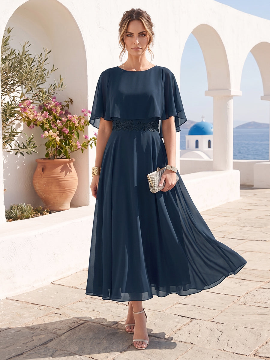 Navy Blue Mother of the Bride Dresses Chic Women's A-Line Scoop Short Sleeves Chiffon Tea-Length Formal Wedding Guest Gowns