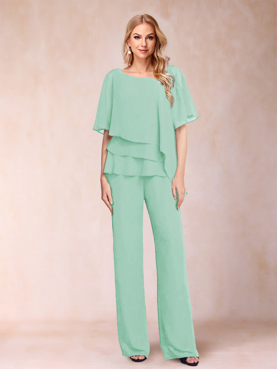 Chiffon V-Neck Half Sleeves 2 Pieces Pantsuits with Rhinestone