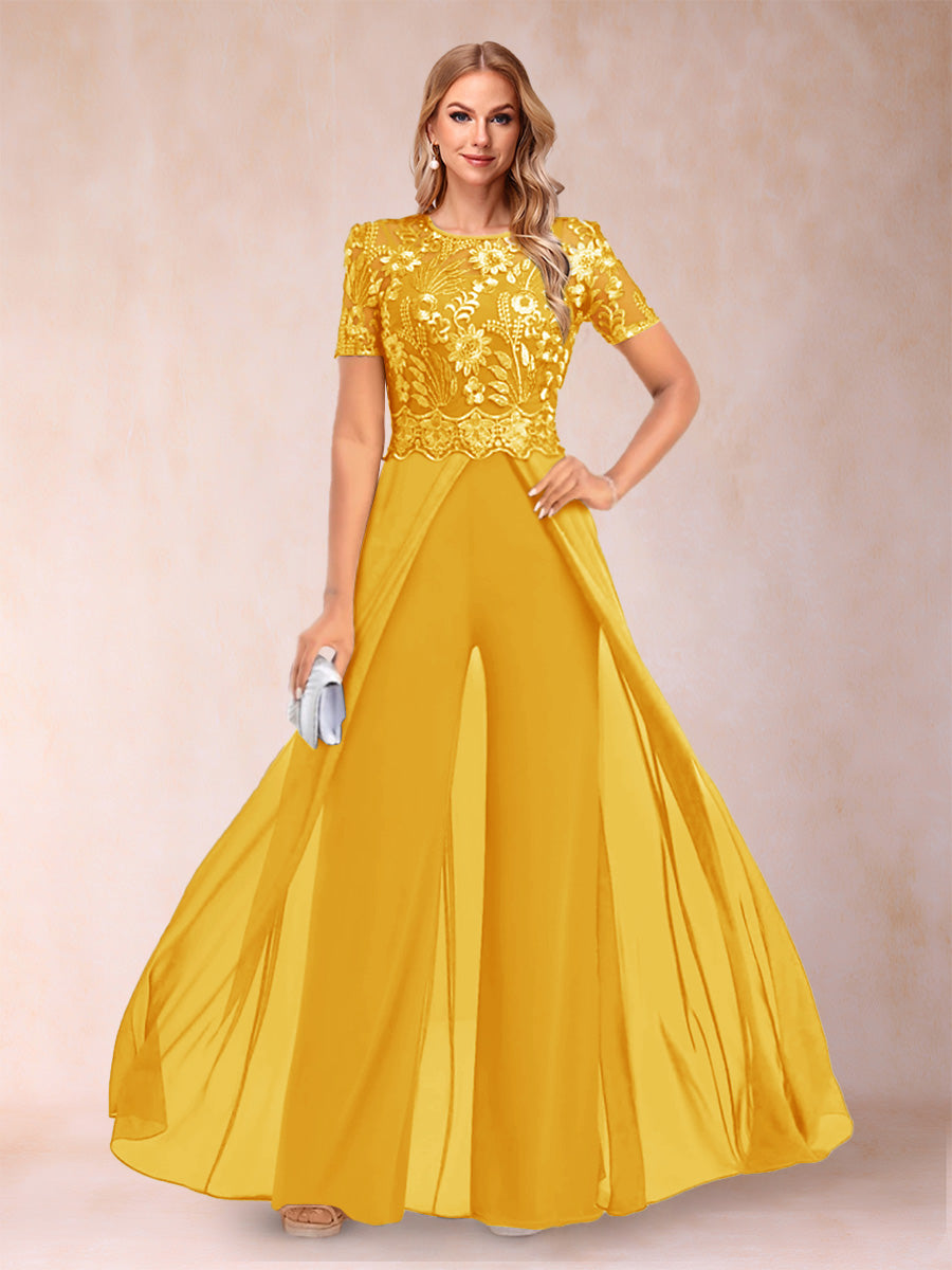 A-Line/Princess Scoop Short Sleeves Jumpsuit with Applique