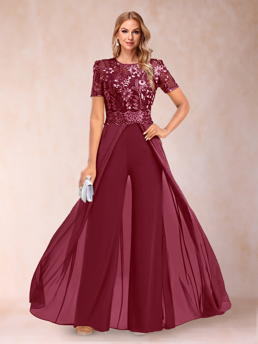 A-Line/Princess Scoop Short Sleeves Jumpsuit with Applique