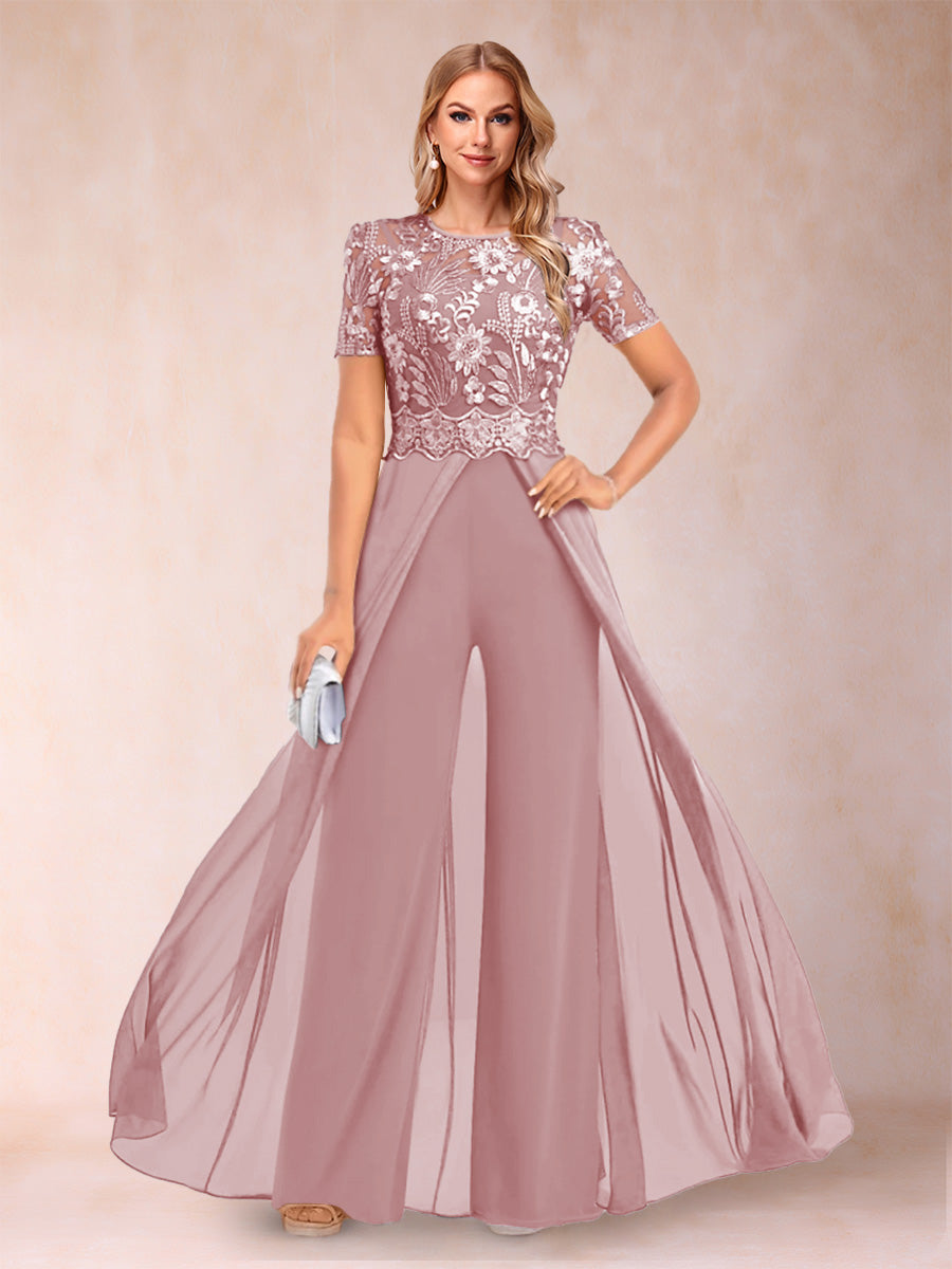 A-Line/Princess Scoop Short Sleeves Jumpsuit with Applique