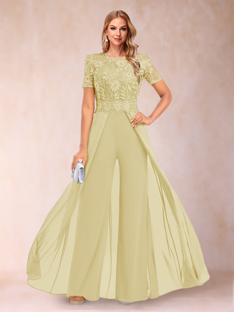 A-Line/Princess Scoop Short Sleeves Jumpsuit with Applique