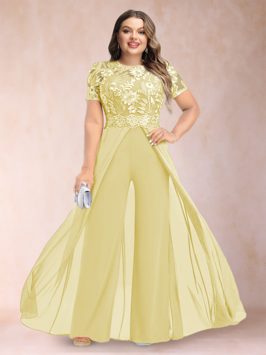 A-Line/Princess Scoop Short Sleeves Plus Size Mother of the Bride Jumpsuit with Applique