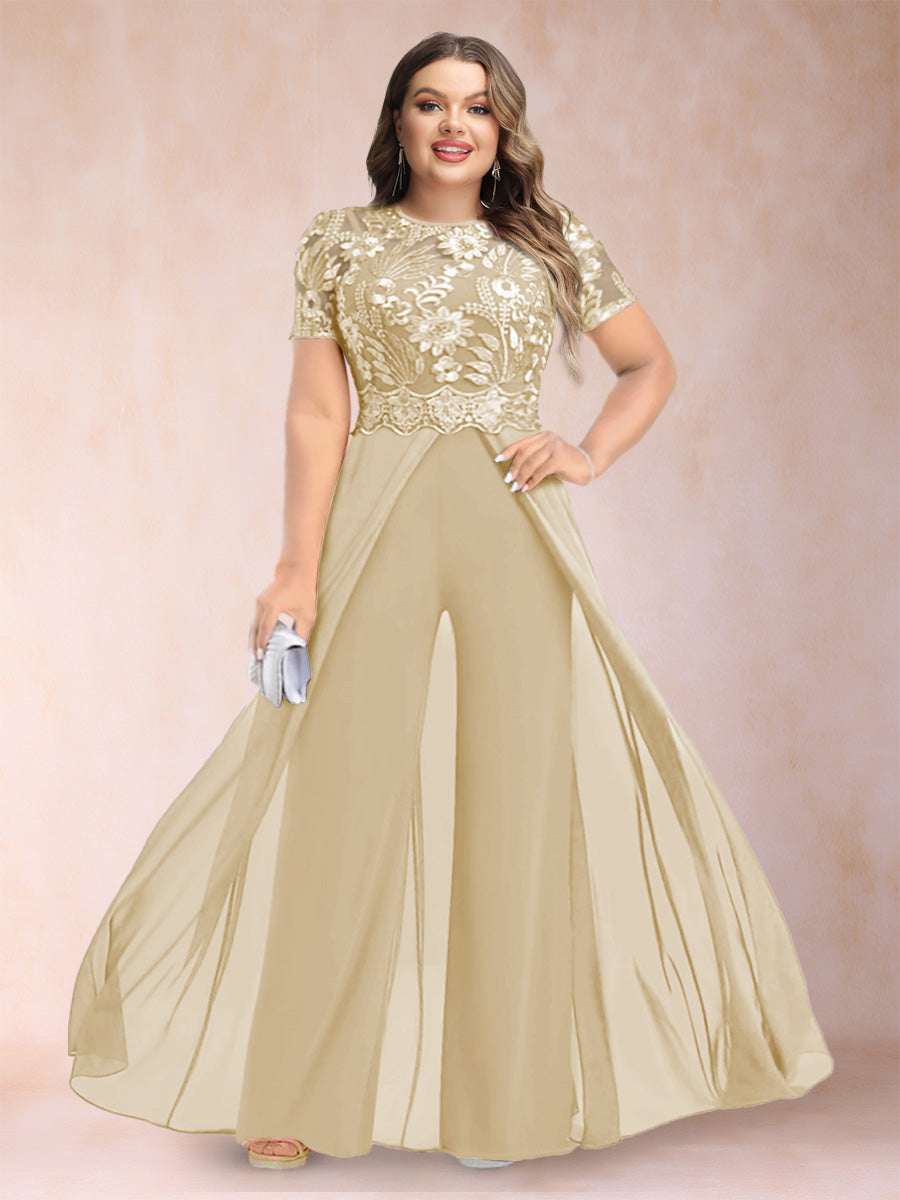 A-Line/Princess Scoop Short Sleeves Plus Size Mother of the Bride Jumpsuit with Applique