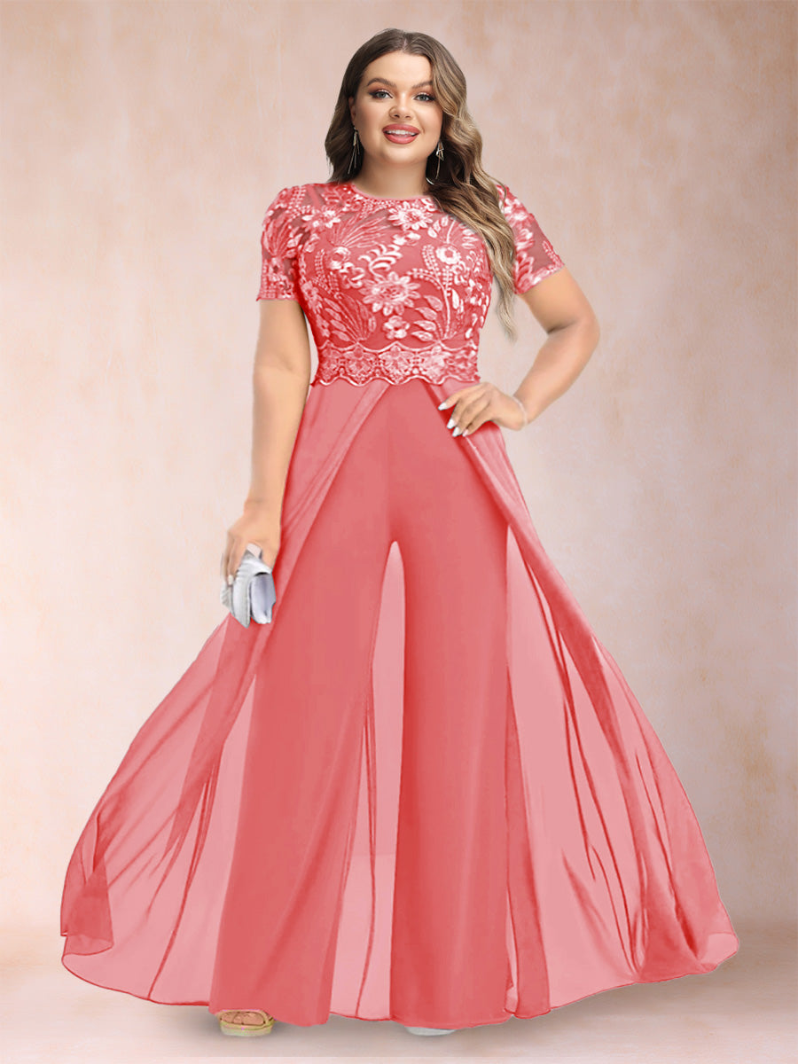 A-Line/Princess Scoop Short Sleeves Plus Size Mother of the Bride Jumpsuit with Applique