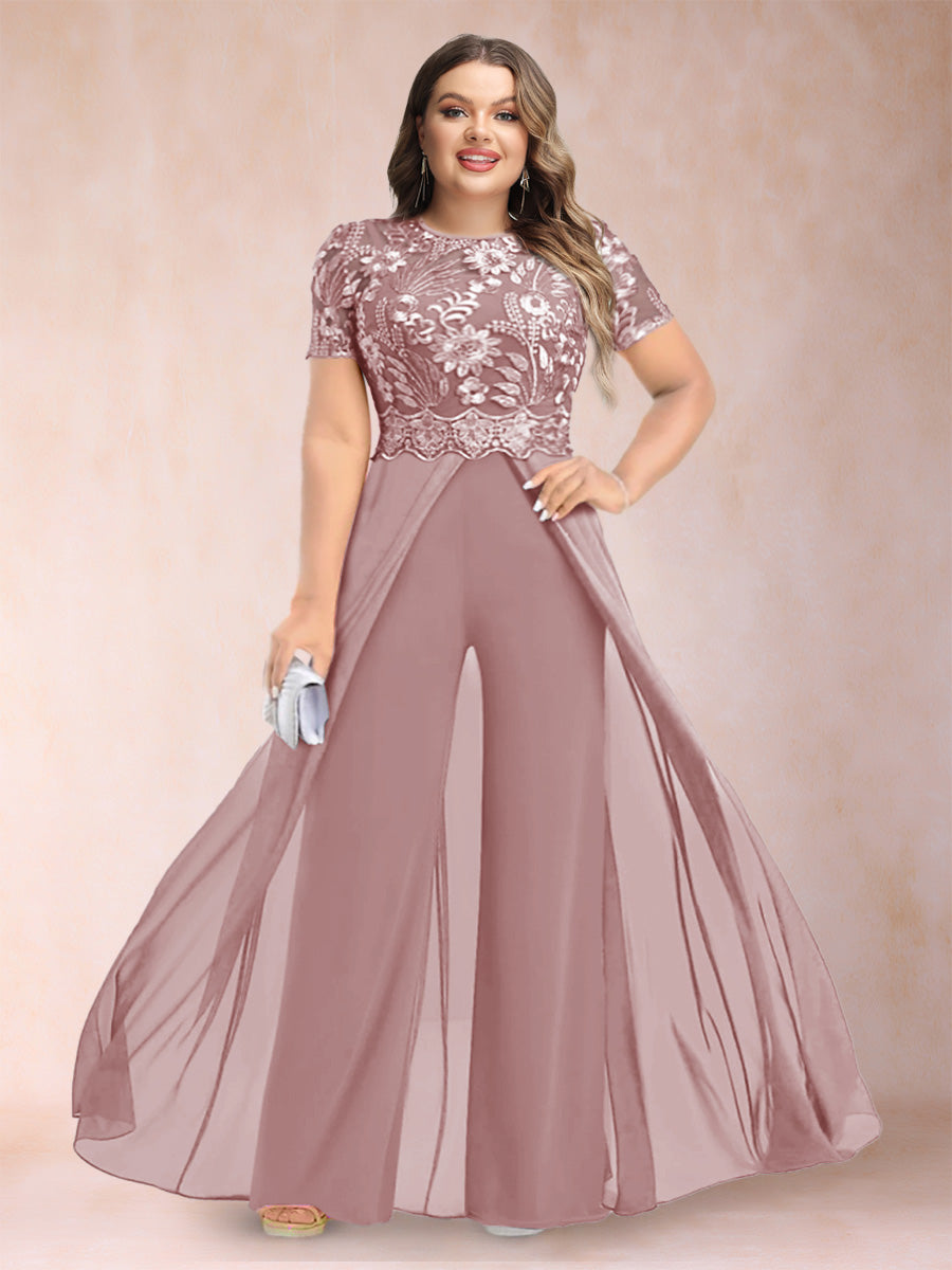 A-Line/Princess Scoop Short Sleeves Plus Size Mother of the Bride Jumpsuit with Applique