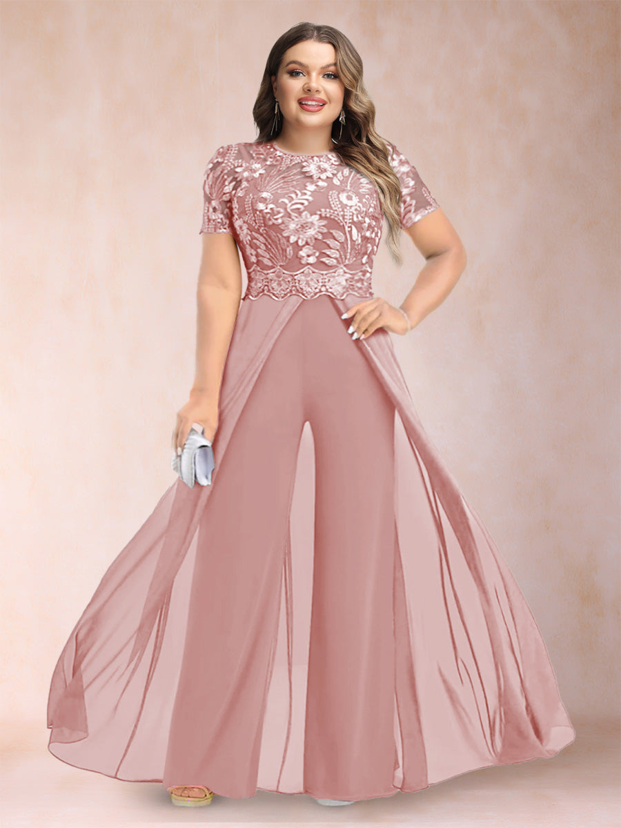 A-Line/Princess Scoop Short Sleeves Plus Size Mother of the Bride Jumpsuit with Applique