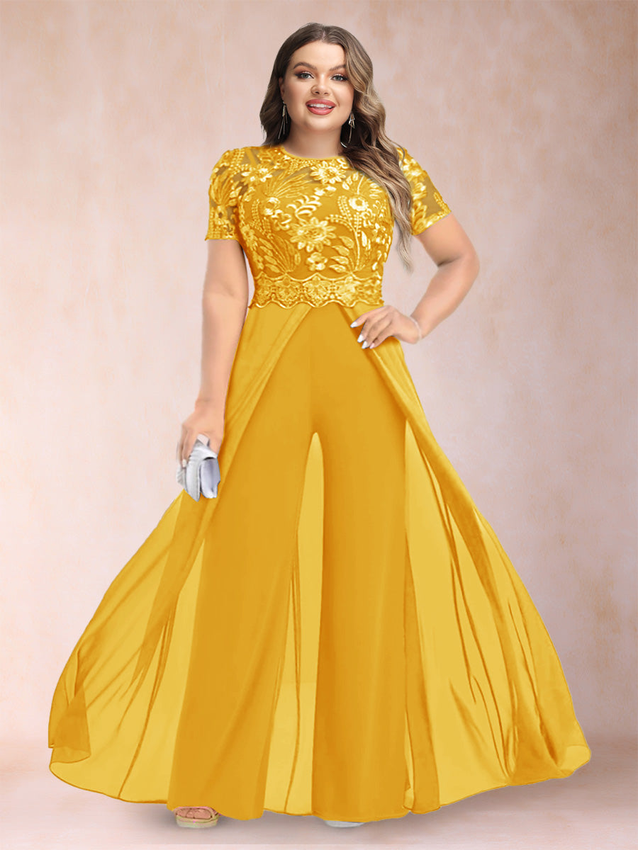 A-Line/Princess Scoop Short Sleeves Plus Size Mother of the Bride Jumpsuit with Applique