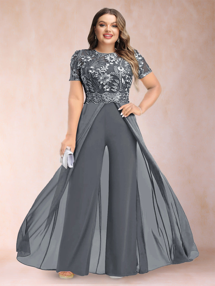 A-Line/Princess Scoop Short Sleeves Plus Size Mother of the Bride Jumpsuit with Applique