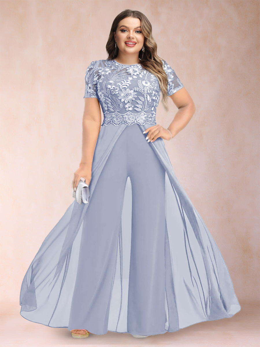 A-Line/Princess Scoop Short Sleeves Plus Size Mother of the Bride Jumpsuit with Applique