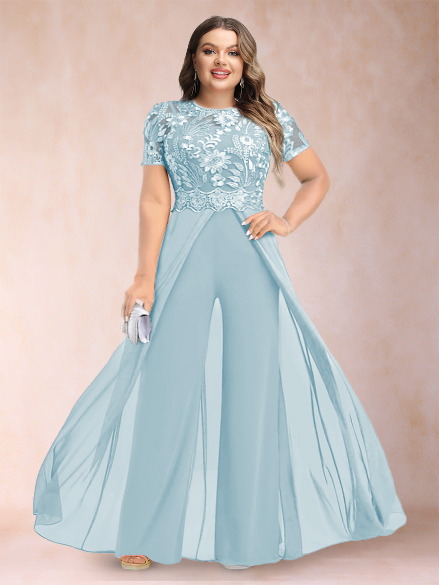A-Line/Princess Scoop Short Sleeves Plus Size Mother of the Bride Jumpsuit with Applique