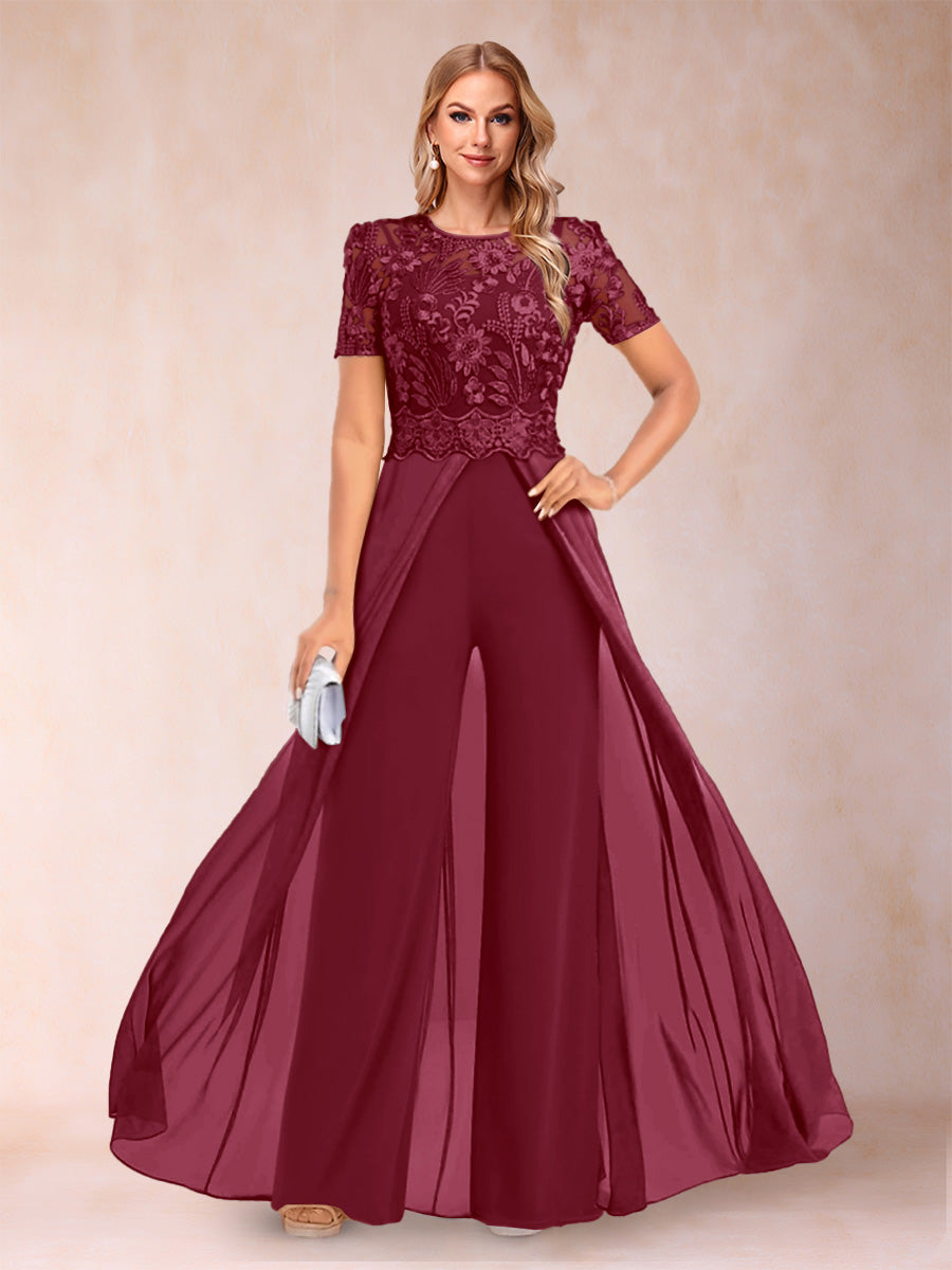 A-Line/Princess Scoop Short Sleeves Plus Size Mother of the Bride Jumpsuit with Applique