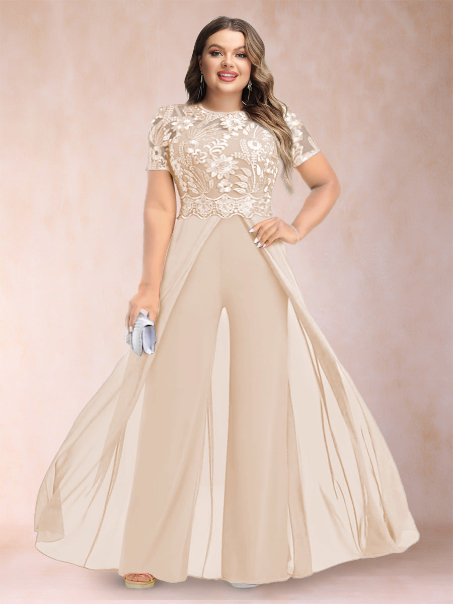 A-Line/Princess Scoop Short Sleeves Plus Size Mother of the Bride Jumpsuit with Applique