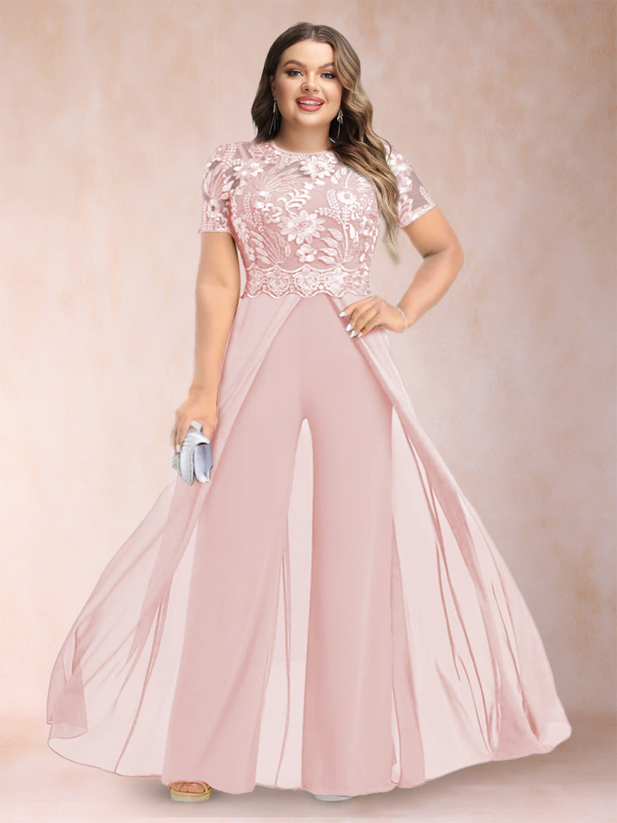 A-Line/Princess Scoop Short Sleeves Plus Size Mother of the Bride Jumpsuit with Applique