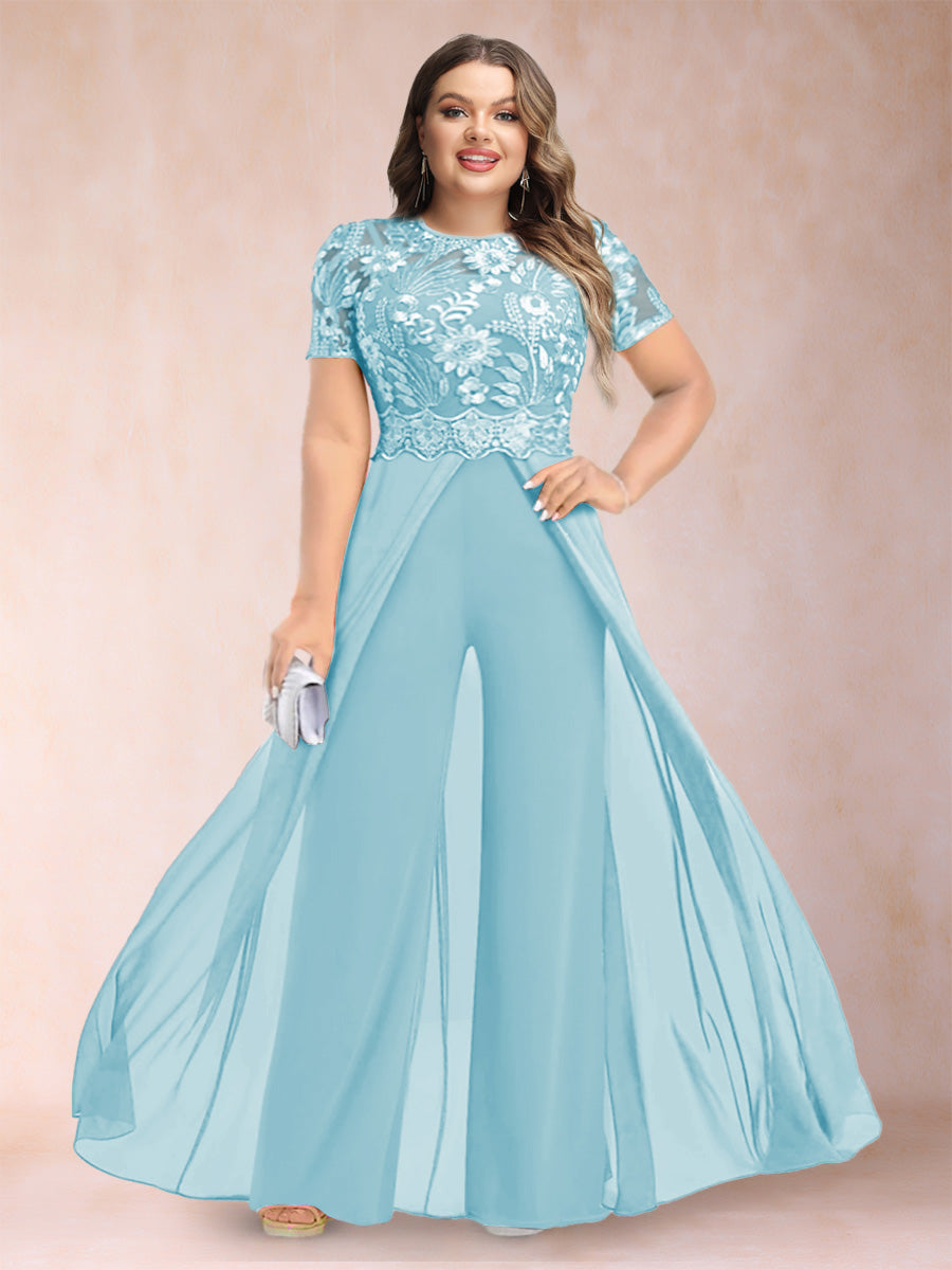A-Line/Princess Scoop Short Sleeves Plus Size Mother of the Bride Jumpsuit with Applique