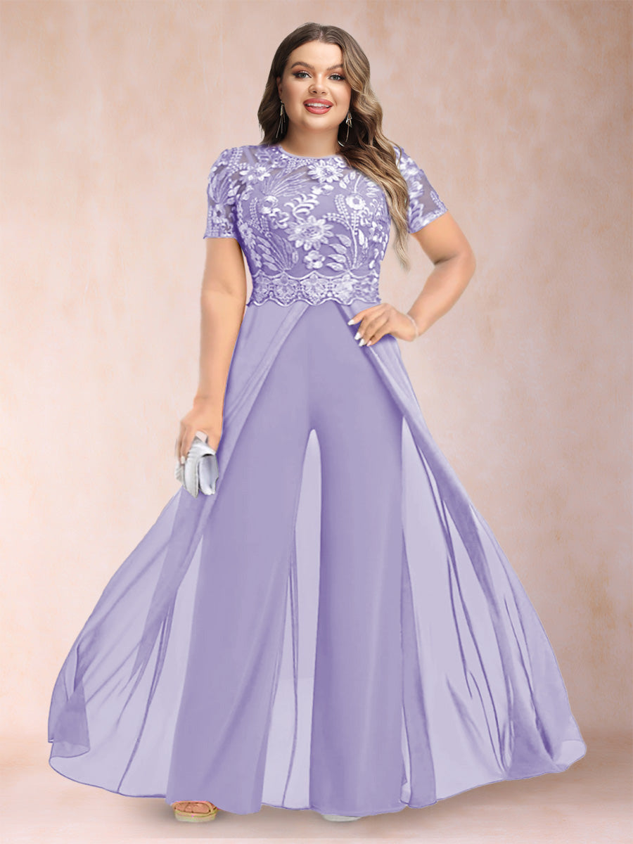 A-Line/Princess Scoop Short Sleeves Plus Size Mother of the Bride Jumpsuit with Applique