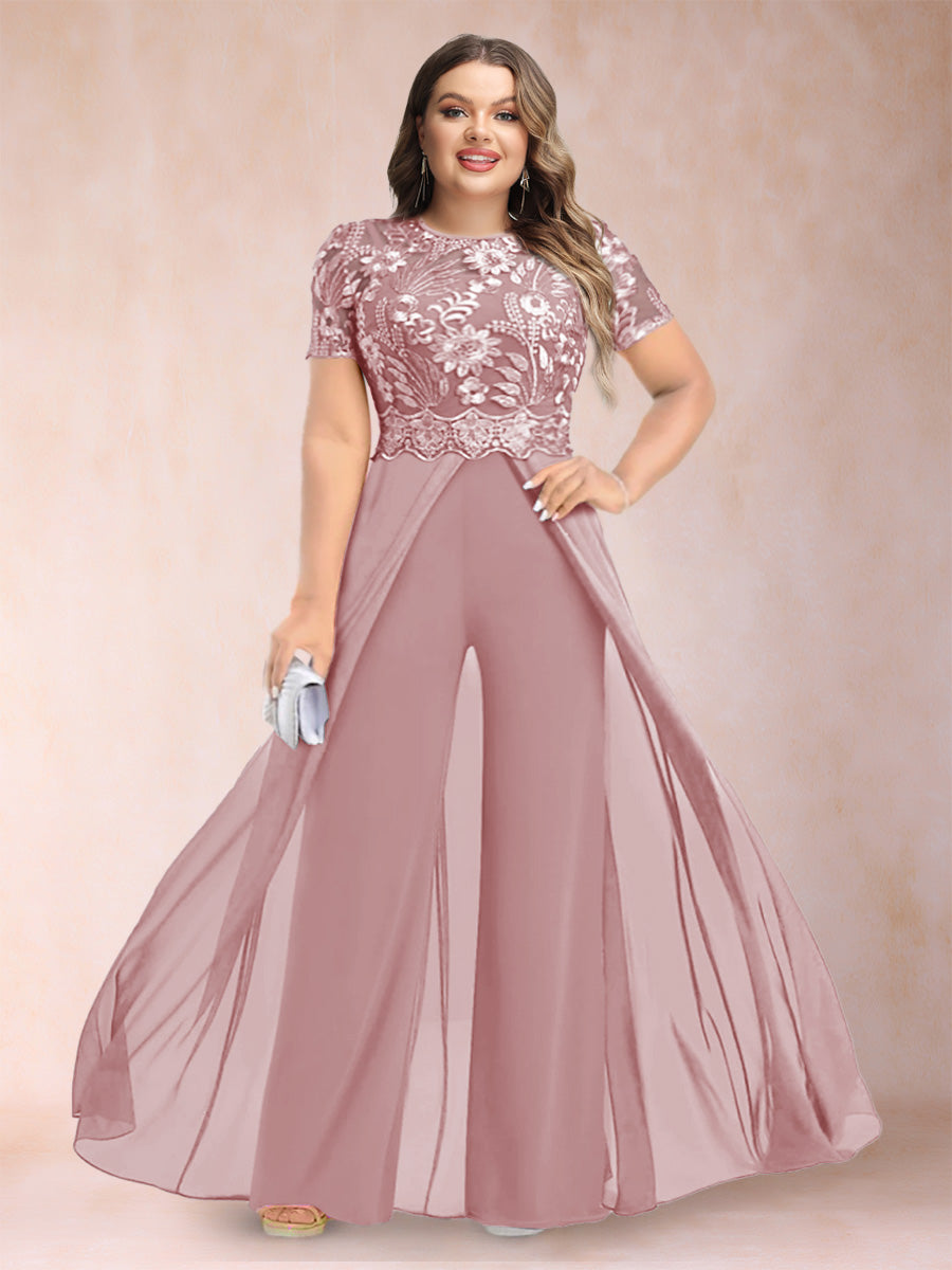 A-Line/Princess Scoop Short Sleeves Plus Size Mother of the Bride Jumpsuit with Applique