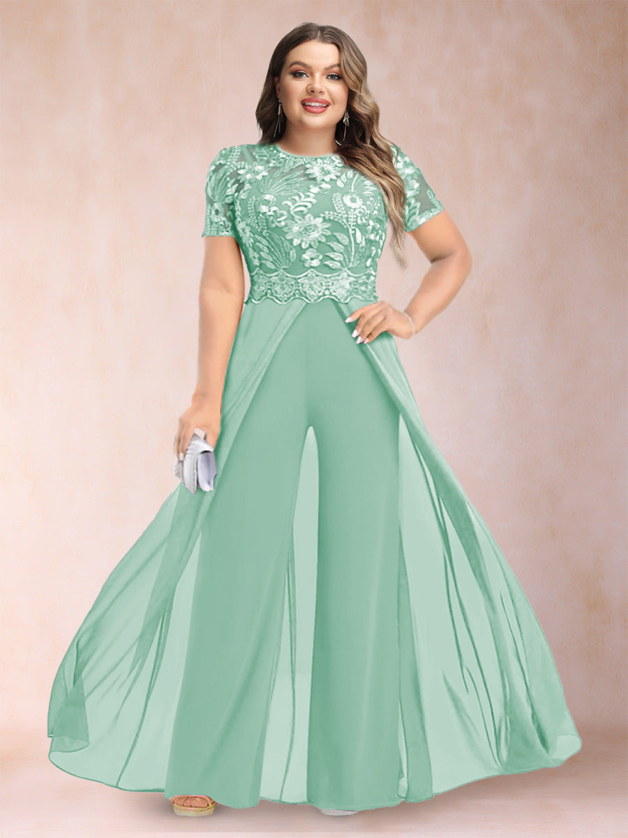 A-Line/Princess Scoop Short Sleeves Plus Size Mother of the Bride Jumpsuit with Applique