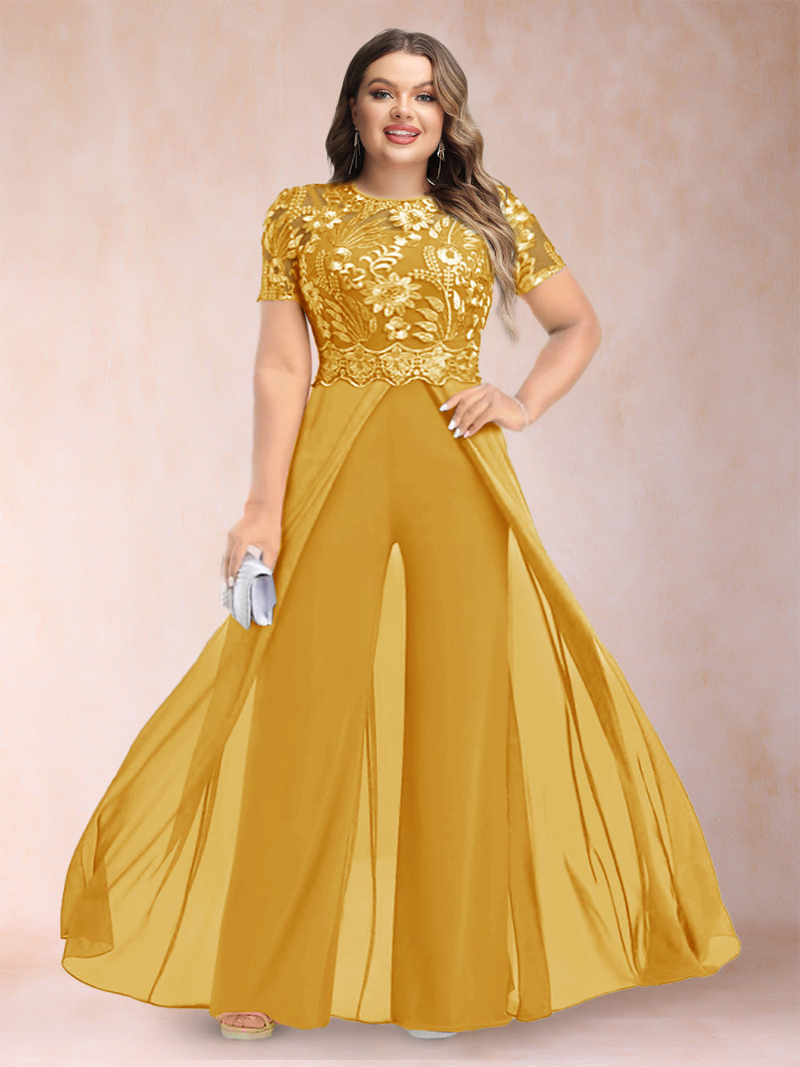 A-Line/Princess Scoop Short Sleeves Plus Size Mother of the Bride Jumpsuit with Applique