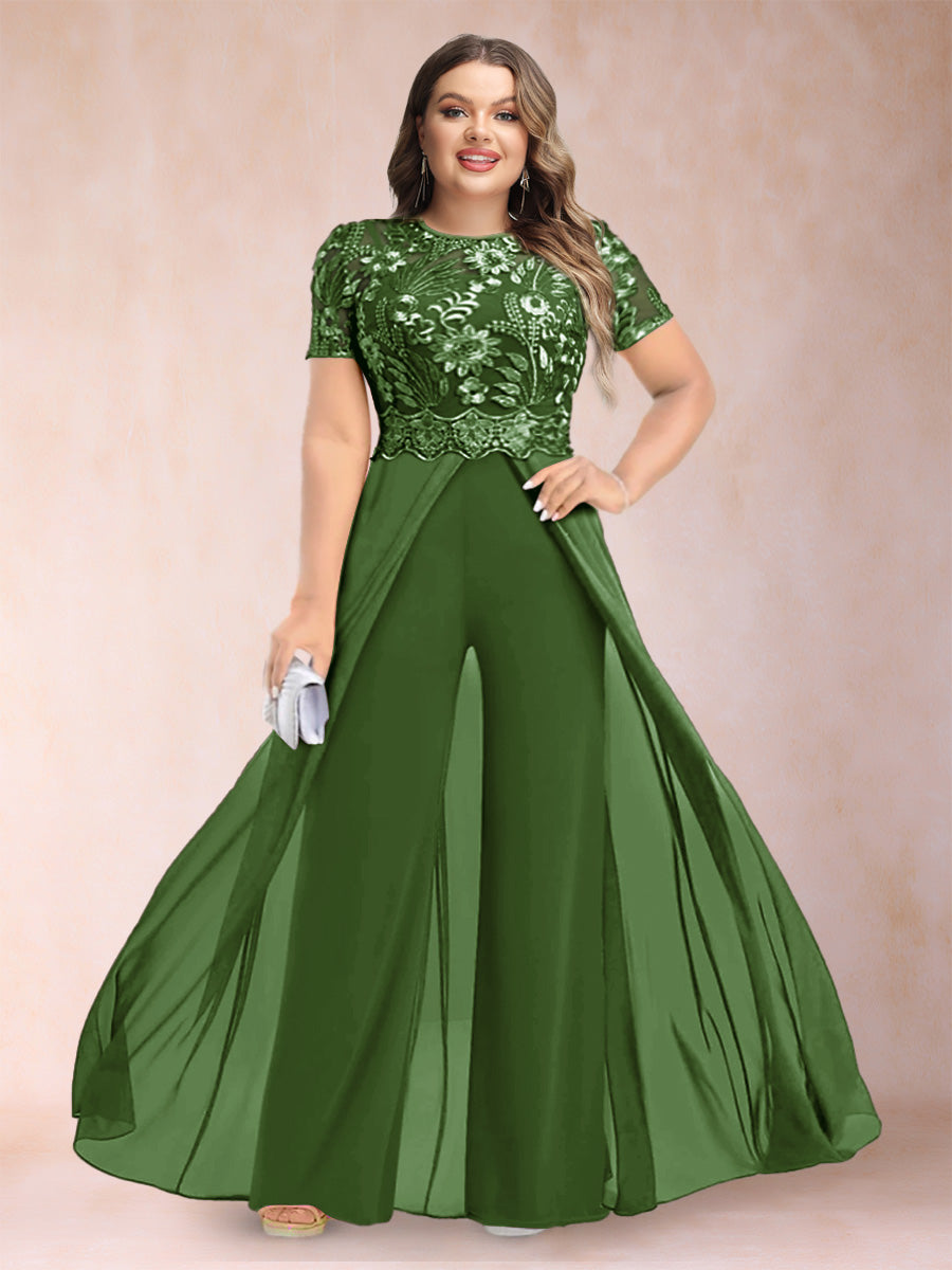 A-Line/Princess Scoop Short Sleeves Plus Size Mother of the Bride Jumpsuit with Applique