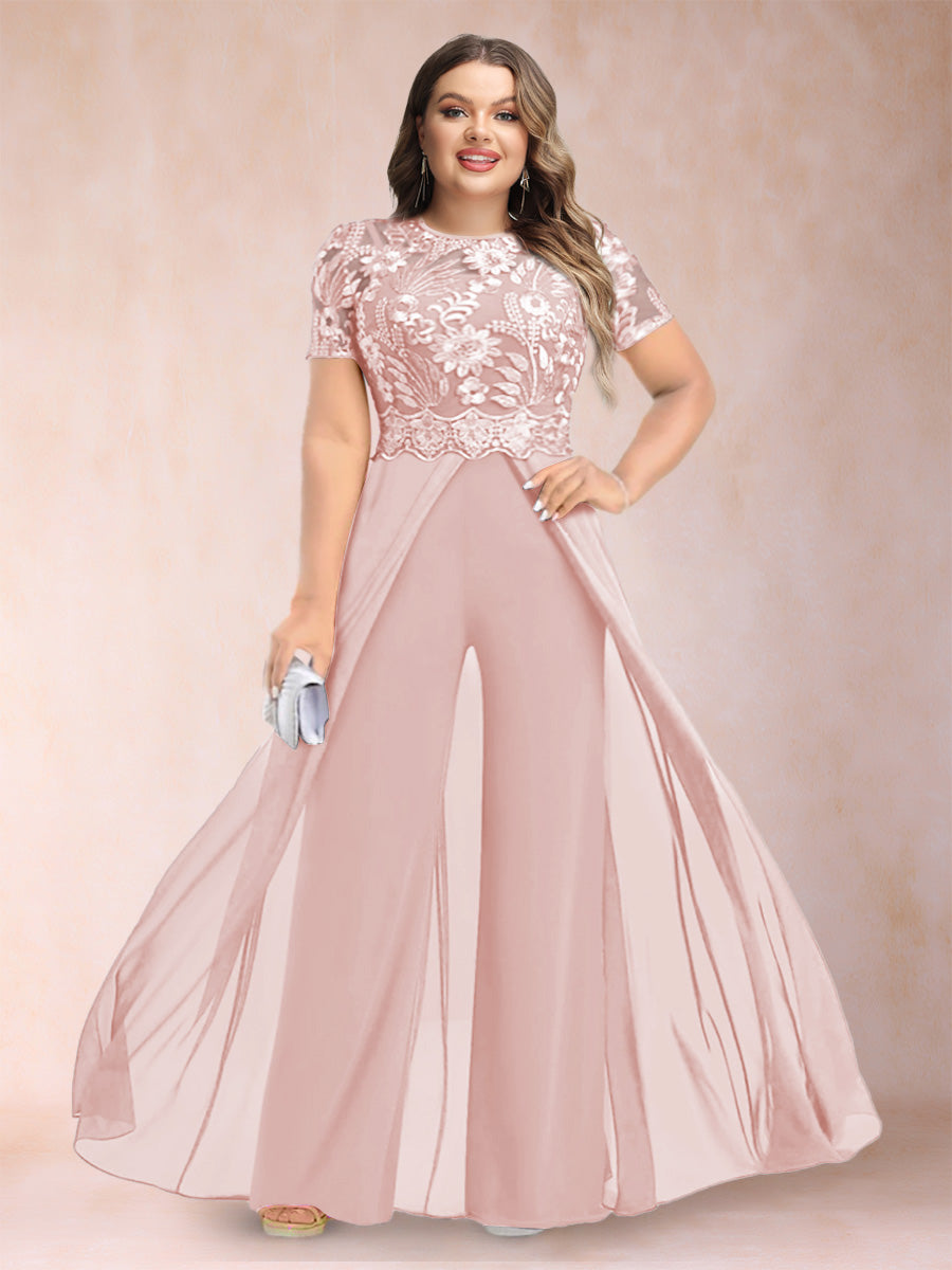 A-Line/Princess Scoop Short Sleeves Plus Size Mother of the Bride Jumpsuit with Applique