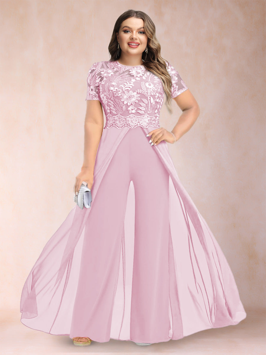 A-Line/Princess Scoop Short Sleeves Plus Size Mother of the Bride Jumpsuit with Applique