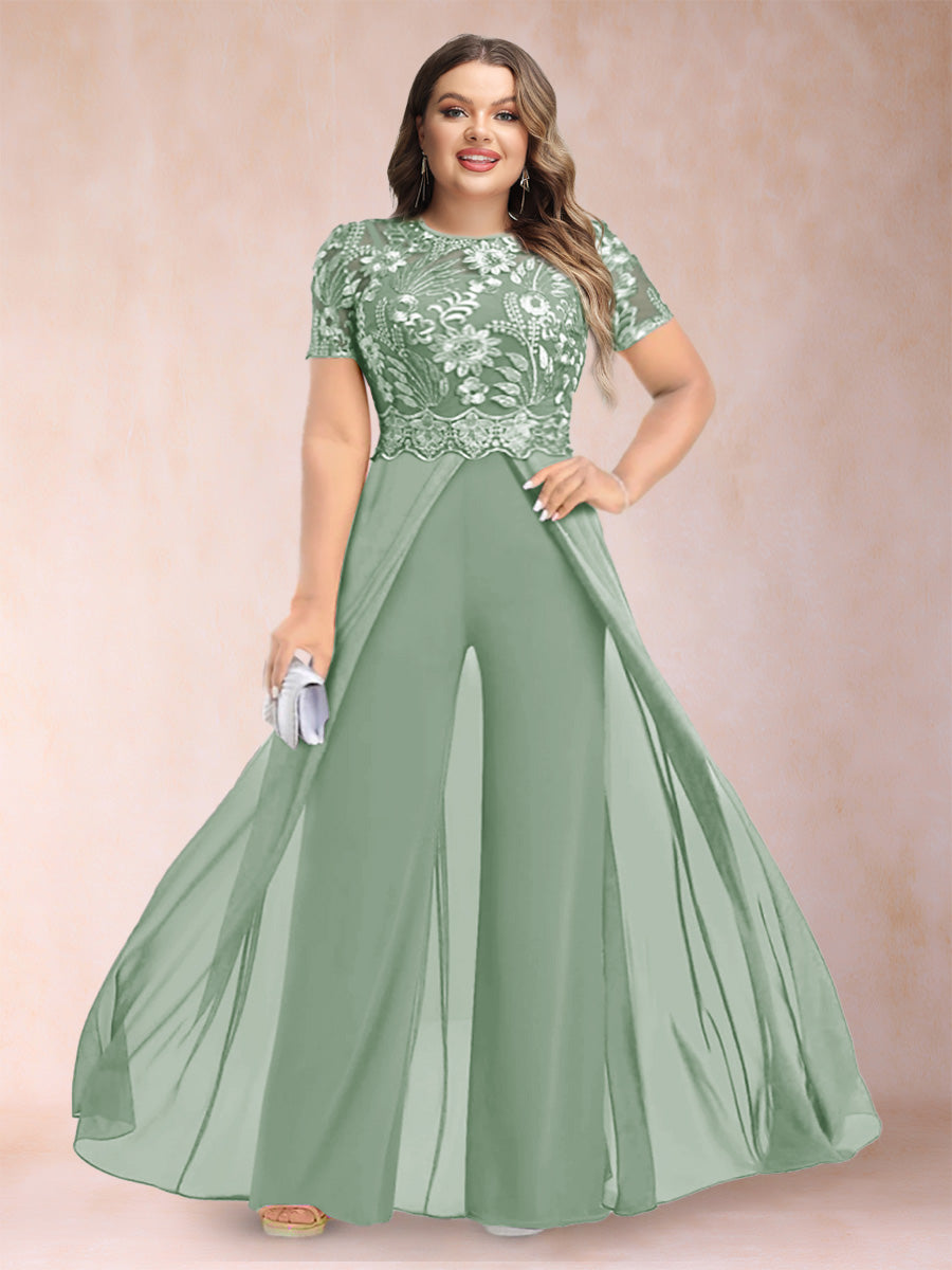A-Line/Princess Scoop Short Sleeves Plus Size Mother of the Bride Jumpsuit with Applique