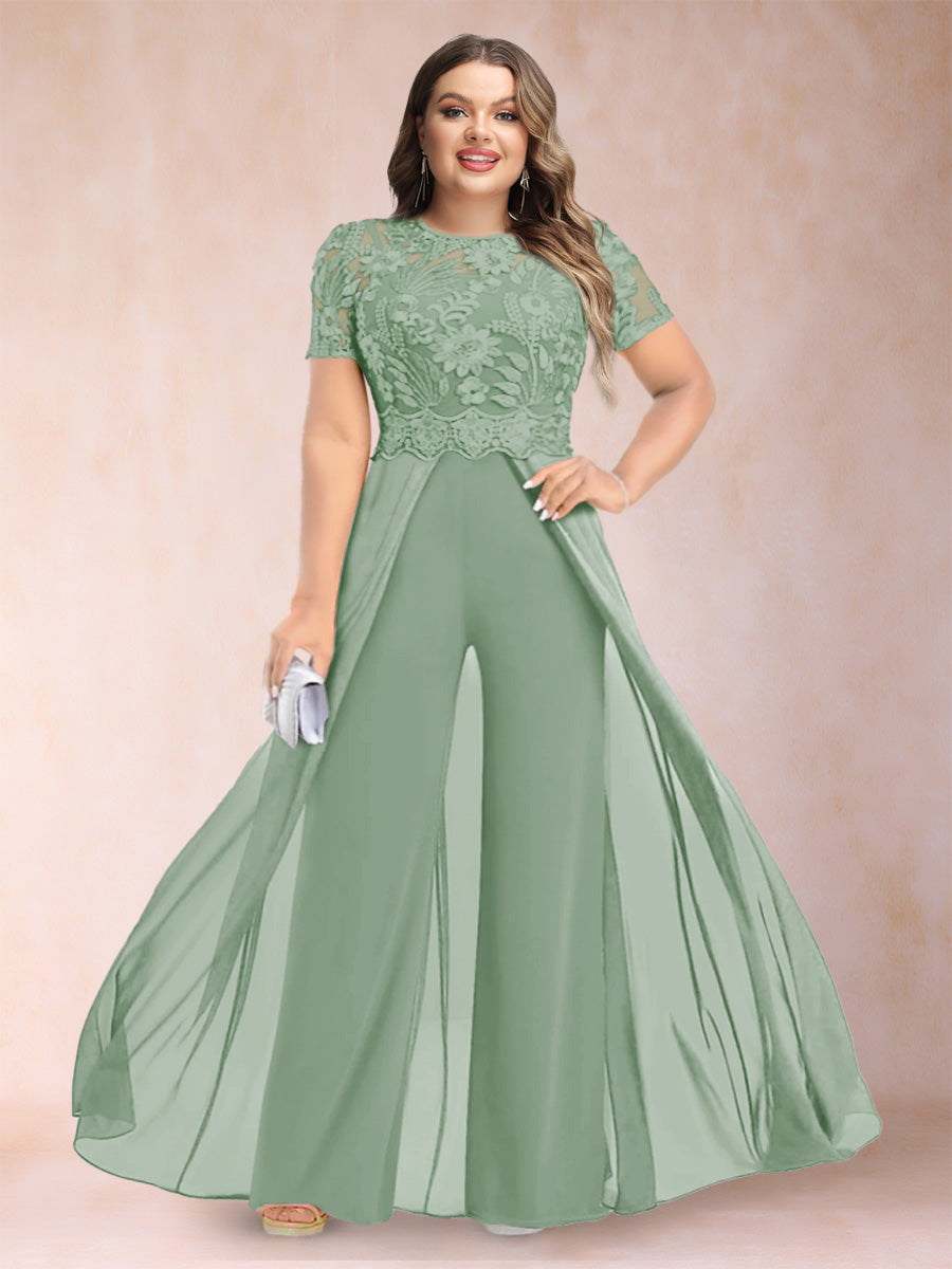 A-Line/Princess Scoop Short Sleeves Plus Size Mother of the Bride Jumpsuit with Applique