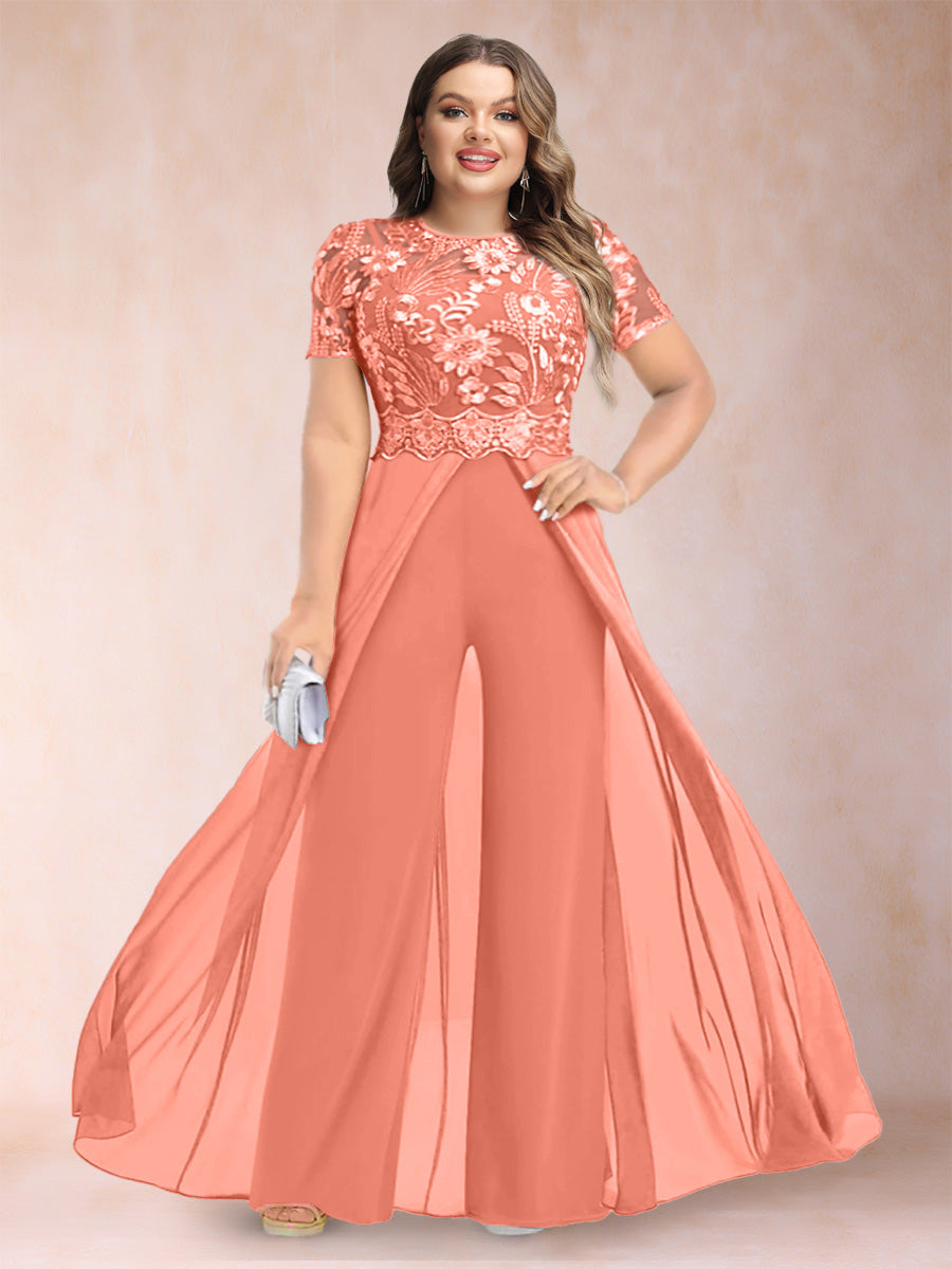 A-Line/Princess Scoop Short Sleeves Plus Size Mother of the Bride Jumpsuit with Applique