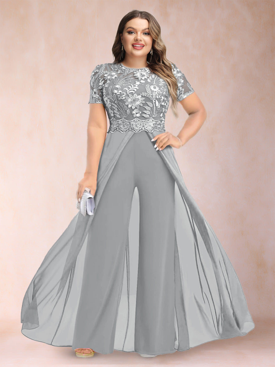 A-Line/Princess Scoop Short Sleeves Plus Size Mother of the Bride Jumpsuit with Applique