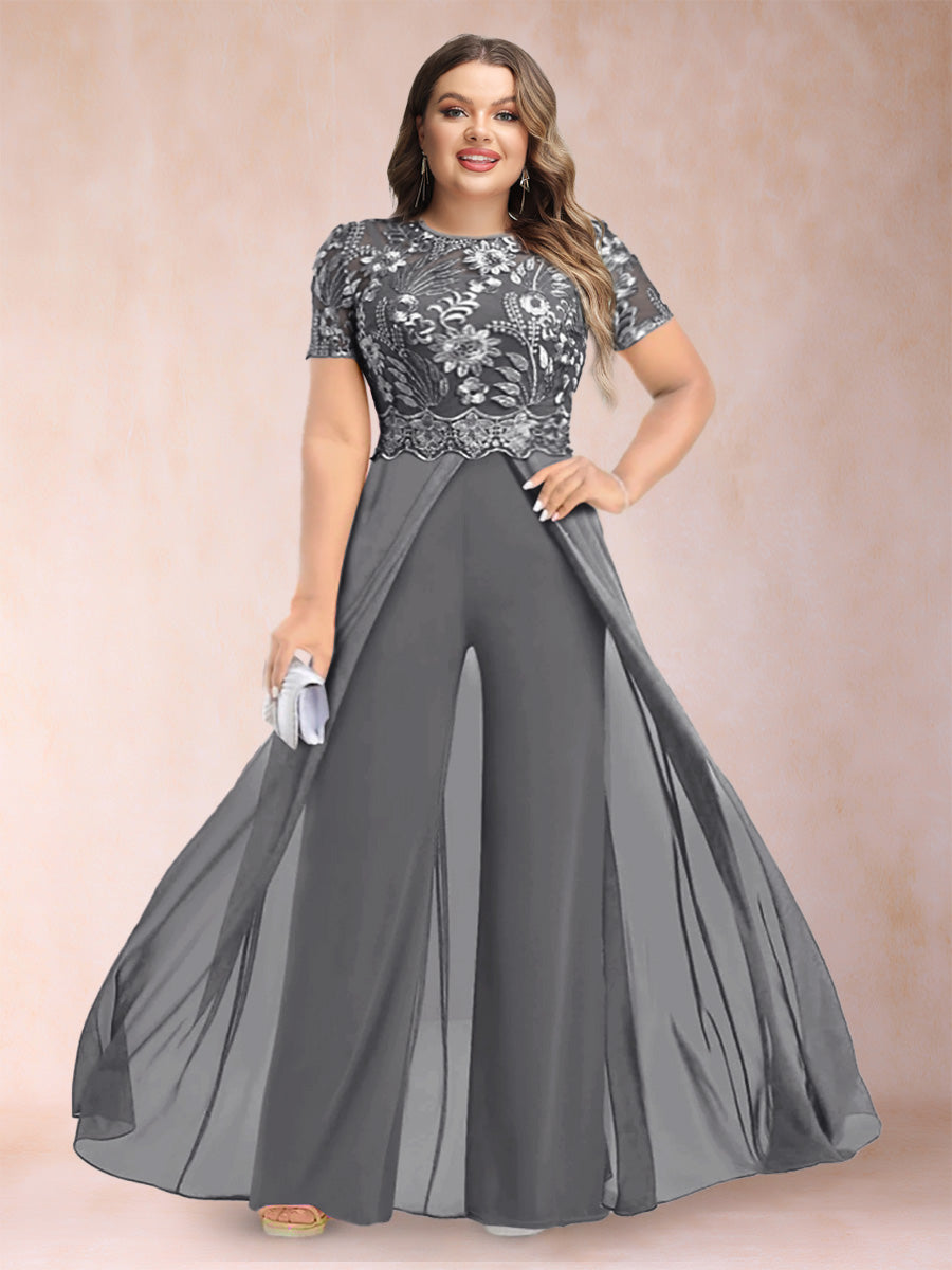 A-Line/Princess Scoop Short Sleeves Plus Size Mother of the Bride Jumpsuit with Applique