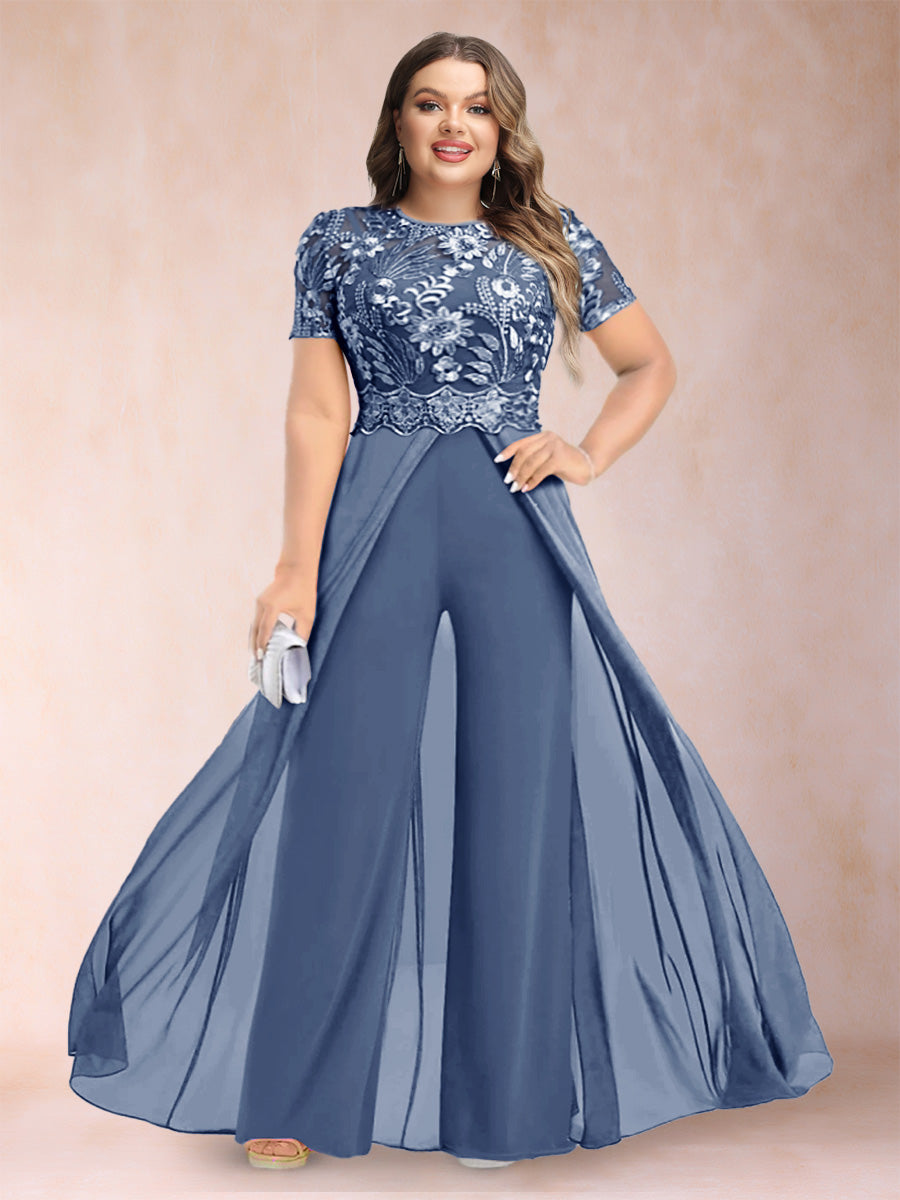 A-Line/Princess Scoop Short Sleeves Plus Size Mother of the Bride Jumpsuit with Applique