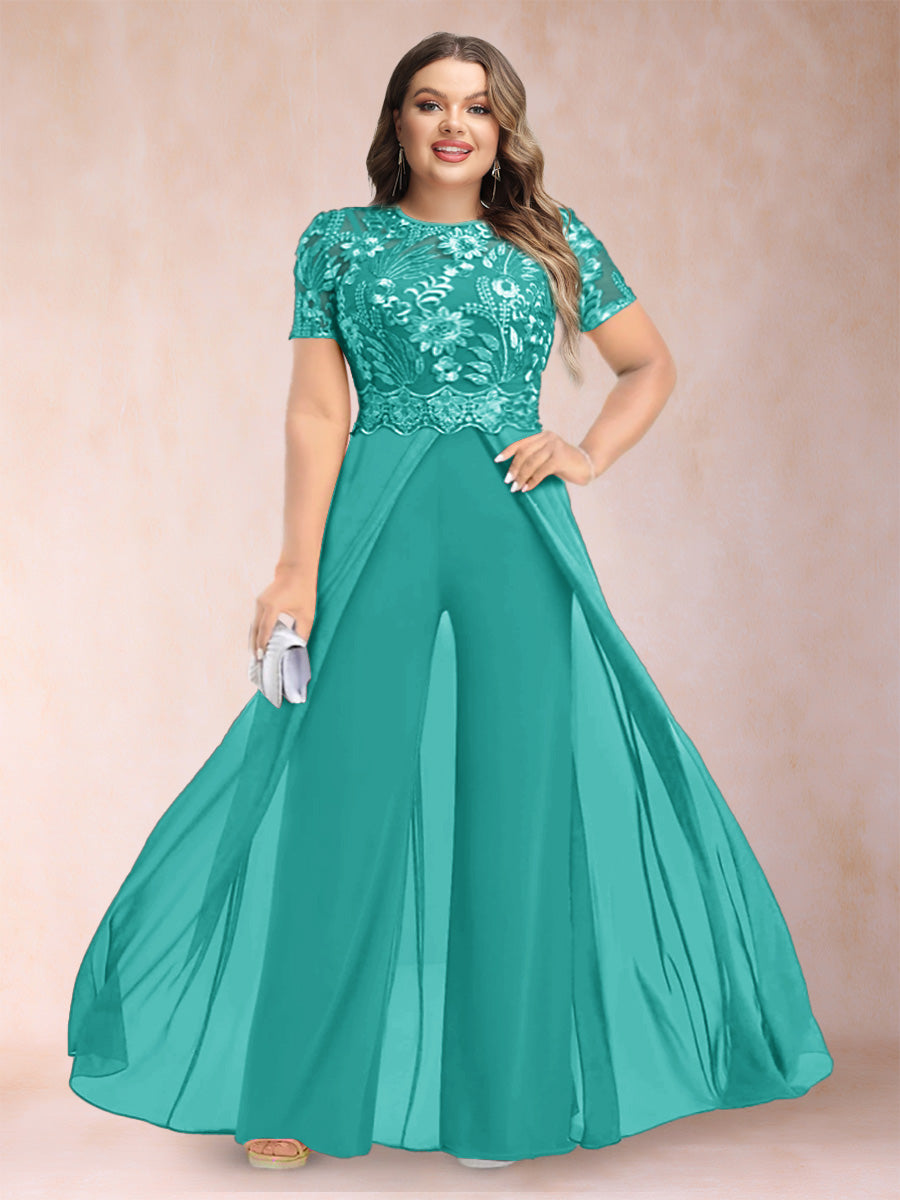 A-Line/Princess Scoop Short Sleeves Plus Size Mother of the Bride Jumpsuit with Applique